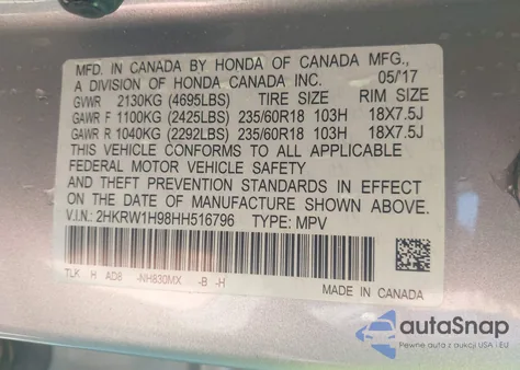 2017 Honda Cr-V Touring from USA, damaged, VIN 2HKRW1H98HH516796